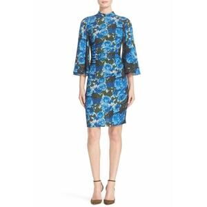 $348 Tracy Reese Blue Foral Cutout Back Flutter Sleeve Ruched Dress 2 NWT